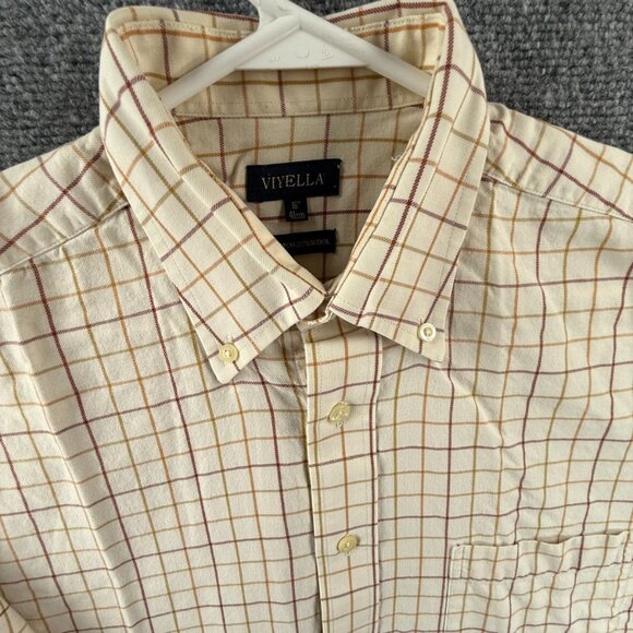 Viyella Brown Yellow 16 Check Button-Down Wool Cotton Short Sleeve Shirt Men - Picture 2 of 13